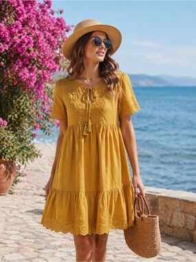 Knox Rose Mustard Yellow Eyelet Babydoll Dress XS Boho Cottagecore Peasant Dress